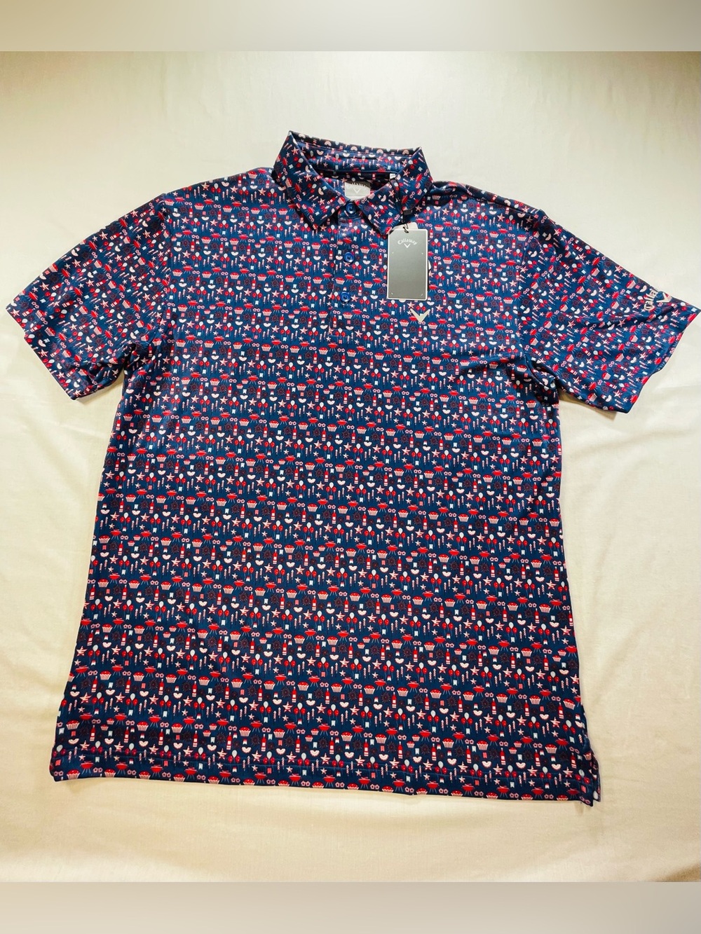 Callaway Mens L Opti-Dri Golf Polo Shirt Blue Patriotic BBQ Fireworks CGKSF099DS